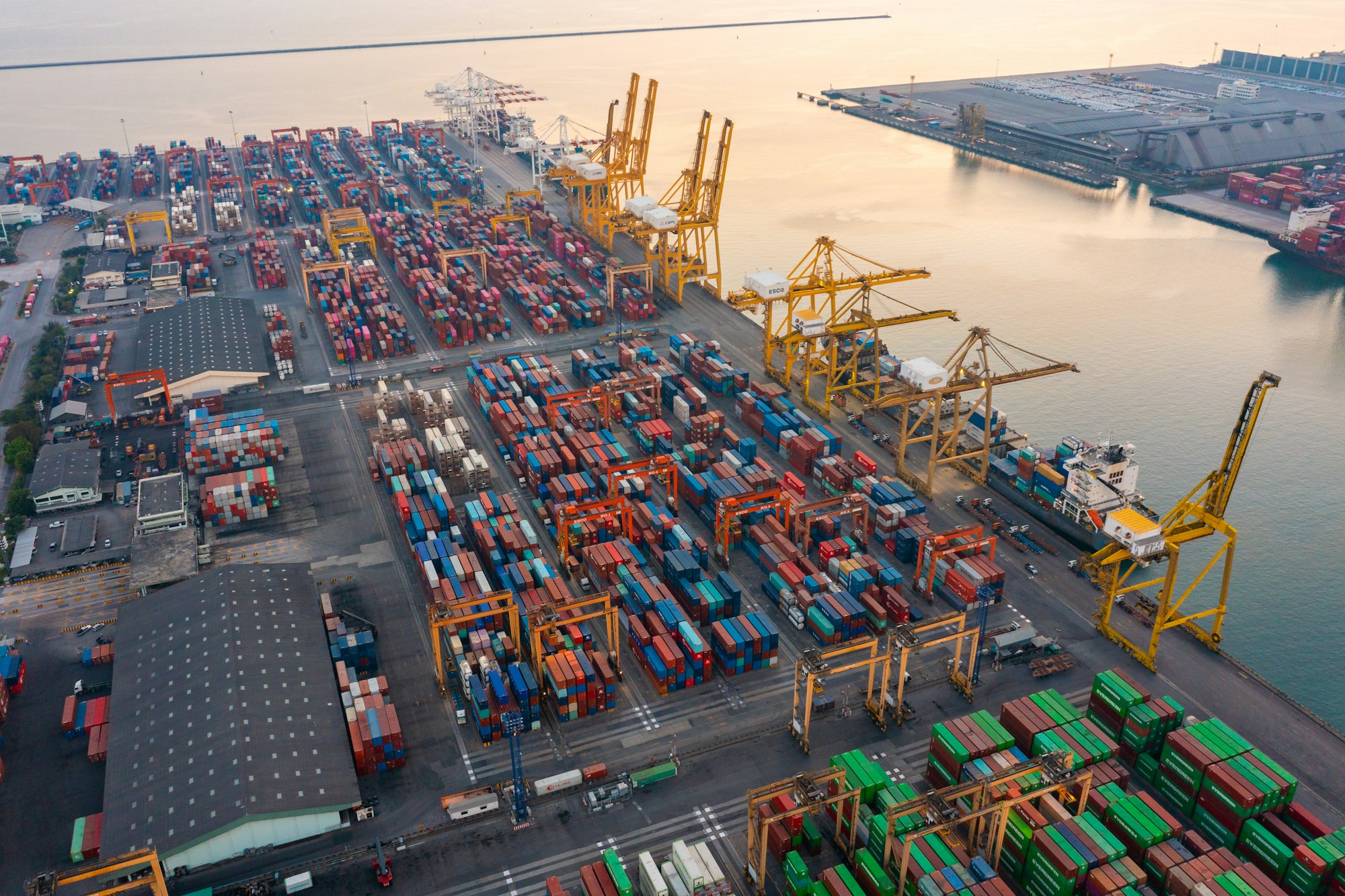 Aerial top view of container cargo ship in the export and import business and logistics