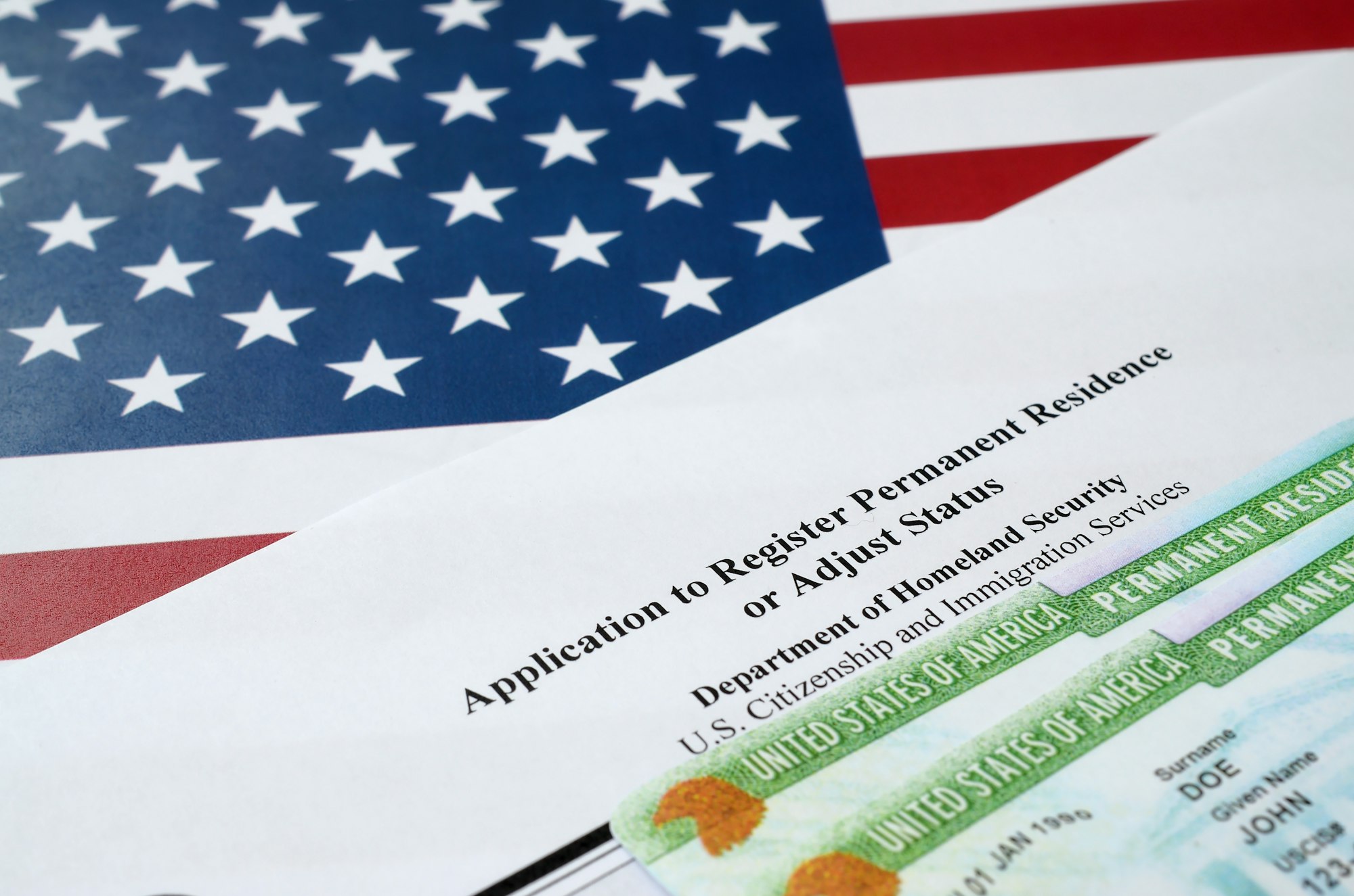 I-485 Application to register permanent residence or adjust status form and green card from